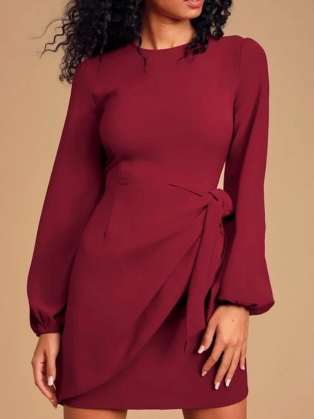 Lulu's Believe it or Knot Long Sleeve Tie Front Mini Dress